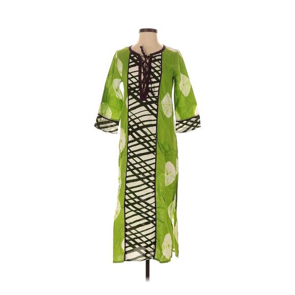 S Sung Green Printed Kaftan Cotton Maxi Small - Picture 1 of 4